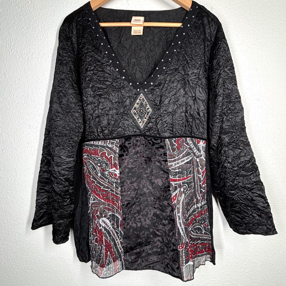 VTG Faded Glory Womens Plus 22/24W‎ Paisley Tunic Top Black Embellished Boho Y2K